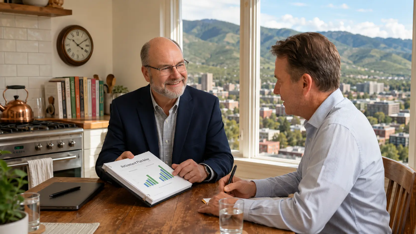 Two people talking at a kitchen table while reviewing a printed retirement plan