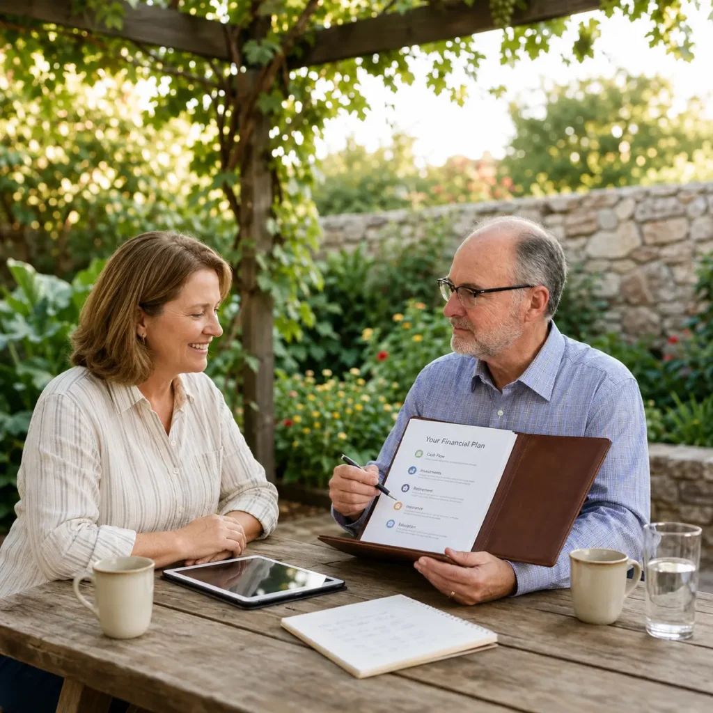 A couple sitting together outdoors, reviewing their retirement plan