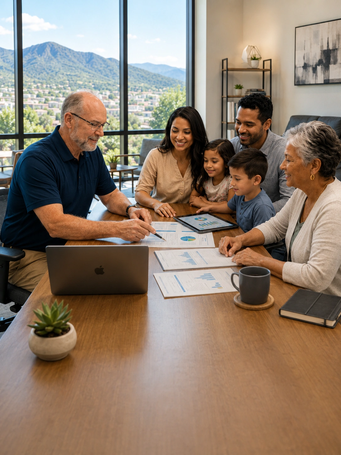 A family reviewing plans together around a table
