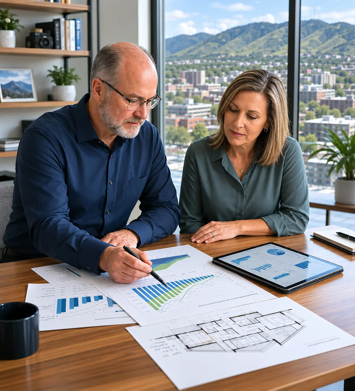 Two people at a desk looking over retirement charts on paper and a tablet